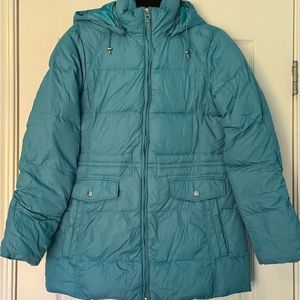 LANDS END Aqua Blue Long Quilted Removable Hooded Puffer Coat Size Small 6 8